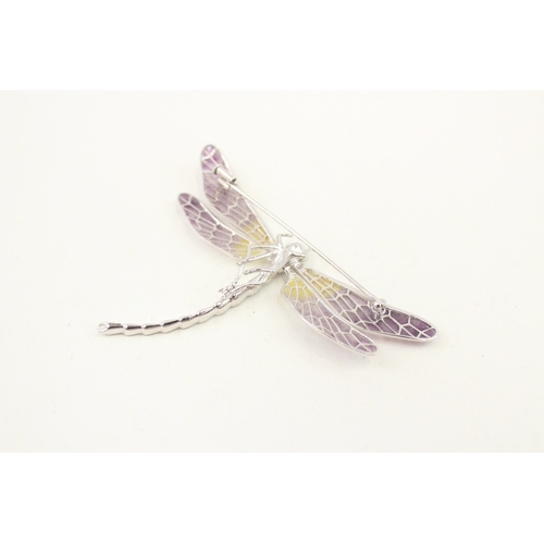 487 - Two silver dragonfly brooches, one featuring plique a jour enamel (31g)