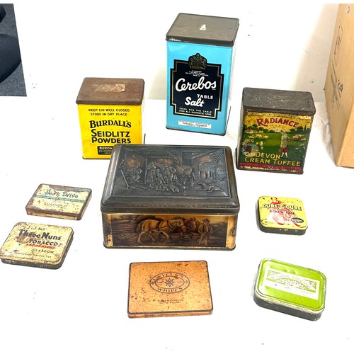 32 - Selection of vintage advertising tins to include Burdalls, Cerelos salt, Cure-c-Cure, Radiance Devon... 