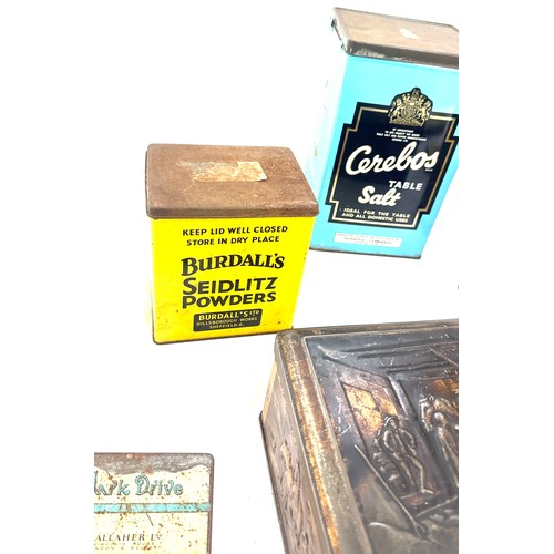 32 - Selection of vintage advertising tins to include Burdalls, Cerelos salt, Cure-c-Cure, Radiance Devon... 