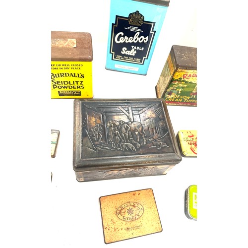 32 - Selection of vintage advertising tins to include Burdalls, Cerelos salt, Cure-c-Cure, Radiance Devon... 