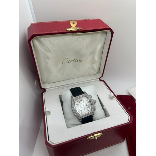 447 - Boxed Mens Cartier Roadster chronograph wristwatch model 2618, with calf black strap, additional met... 