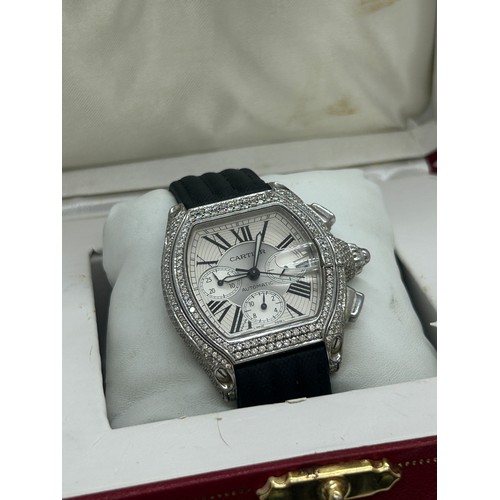 447 - Boxed Mens Cartier Roadster chronograph wristwatch model 2618, with calf black strap, additional met... 