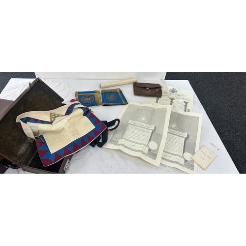 20 - Selection of masonic aprons and memorabilia in a masonic leather briefcase initialed JRJ