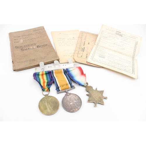 138 - Mounted WW1 1914-15 Star Trio Medals 66468 Pte A. J. Buckley RAMC & Service Book