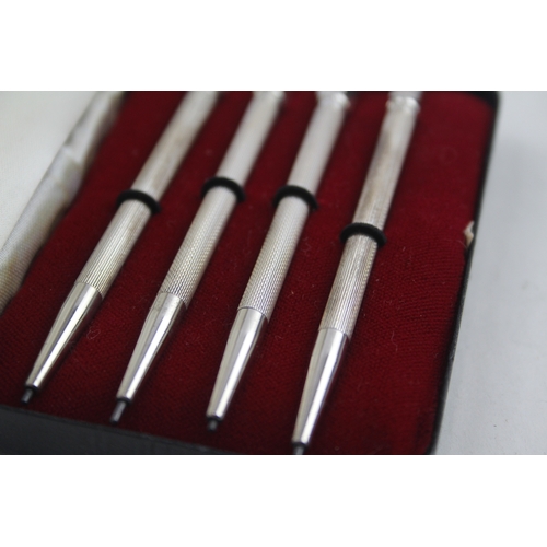 51 - 4 x .925 sterling silver bridge scoring pencils w/ enamel, box