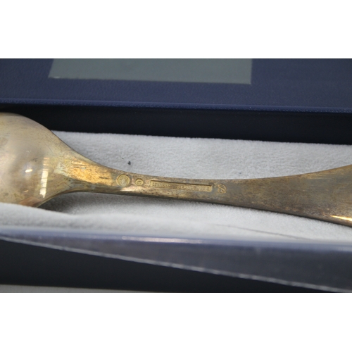 63 - GEORG JENSEN Stamped .925 Sterling Silver Gilt Commemorative Spoon Boxed