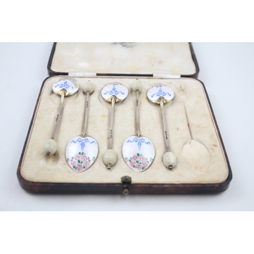 65 - 5 x .925 sterling guilloche enamel spoons case