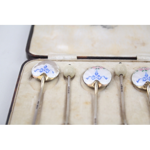 65 - 5 x .925 sterling guilloche enamel spoons case