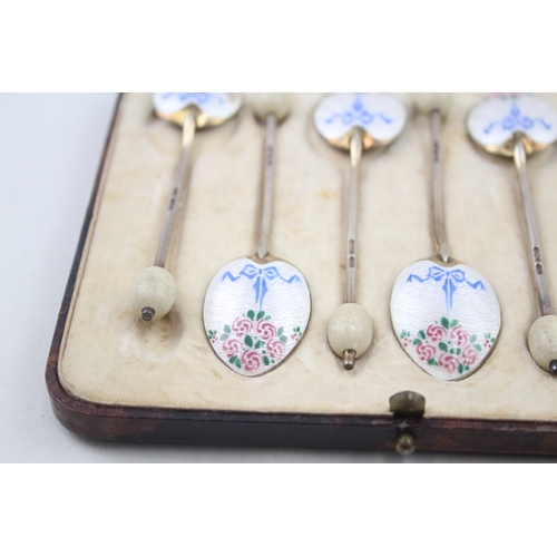 65 - 5 x .925 sterling guilloche enamel spoons case