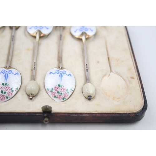 65 - 5 x .925 sterling guilloche enamel spoons case