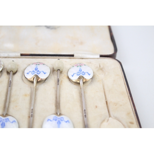 65 - 5 x .925 sterling guilloche enamel spoons case