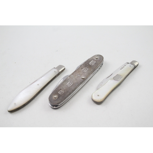 69 - 3 x .925 sterling knives inc mop, multi-tool, antique etc