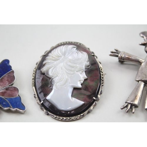 407 - Four silver brooches including gemstone inlay (39g)