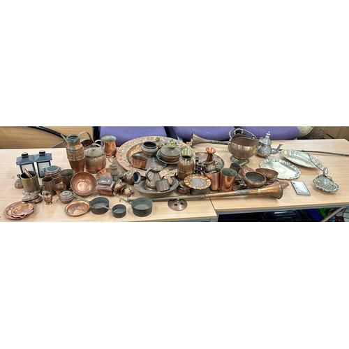 104 - Large selection of vintage copper items to include horns, vase, coal scuttle etc