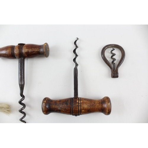 105 - Antique Vintage Corkscrews Inc Brush, Decorative Carving x 4