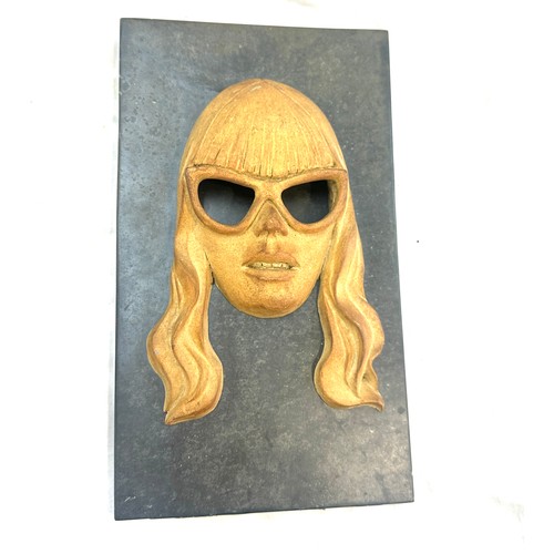 520 - Porcelain mid century artist sculpture face mask on slate board measures approx 12.5 inches tall by ... 