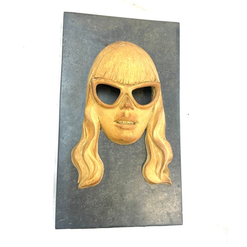 520 - Porcelain mid century artist sculpture face mask on slate board measures approx 12.5 inches tall by ... 