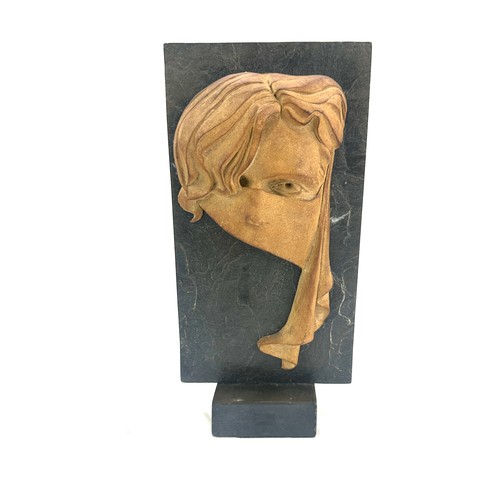 516 - Vintage mid century clay artist sculpture on a slate back background measures approx 12 inches