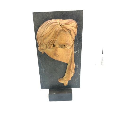 516 - Vintage mid century clay artist sculpture on a slate back background measures approx 12 inches