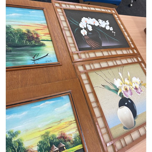 99 - 5 framed vintage paintings (2 paintings on board, 2 on canvas), paintings on board are signed by J  ... 