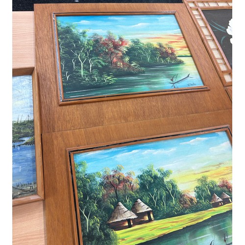 99 - 5 framed vintage paintings (2 paintings on board, 2 on canvas), paintings on board are signed by J  ... 