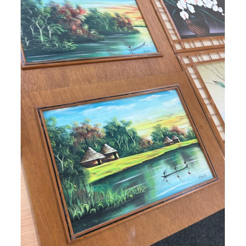 99 - 5 framed vintage paintings (2 paintings on board, 2 on canvas), paintings on board are signed by J  ... 