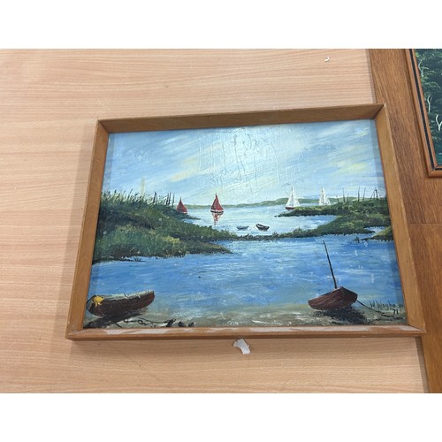 99 - 5 framed vintage paintings (2 paintings on board, 2 on canvas), paintings on board are signed by J  ... 