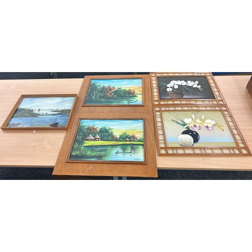 99 - 5 framed vintage paintings (2 paintings on board, 2 on canvas), paintings on board are signed by J  ... 