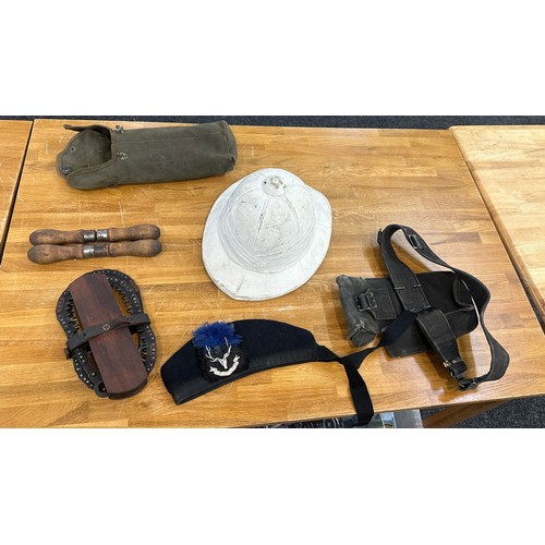 70 - WW2 Pith helmet. canvas belt and pouch, WW2 US army saw in canvas pouch, officers glengarry