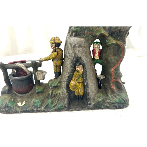 65 - Vintage boy scout camp cast iron mechanical bank, approximate measurements: 6 x 9 inches, working or... 