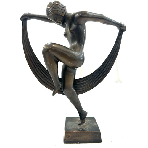 75 - Brass with bronze finish art deco style lady figurine, approximate height 9.5 inches, width 8 inches