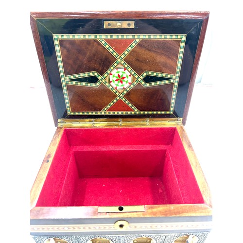 41 - Ornate wooden and bone trinket box, no key, approximate measurements: 4.5 x 8 x 6 inches