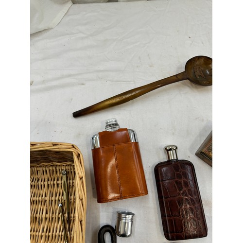 24 - Selection of collectables includes hip flasks etc