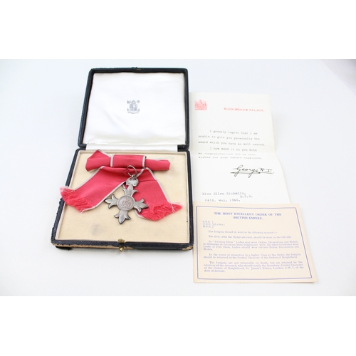 319 - Boxed Ladies MBE Medal w/ Award Letter To Miss Ellen Nicholls 24th May 1946