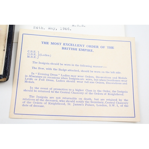 319 - Boxed Ladies MBE Medal w/ Award Letter To Miss Ellen Nicholls 24th May 1946