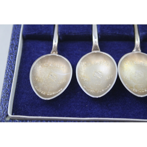 31 - Set of 4 x Elizabeth II Silver Jubilee Enamel Teaspoons Cased