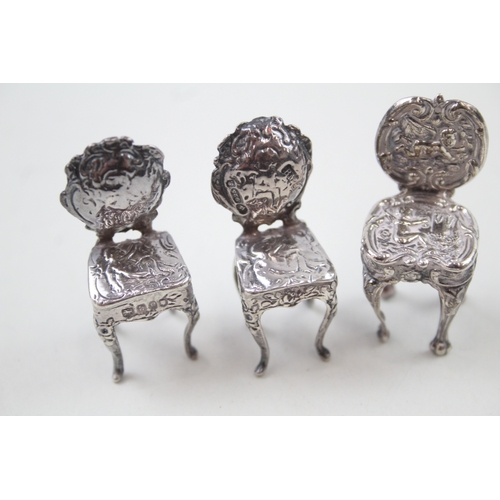 39 - 3 x .925 sterling silver miniature doll's house chairs / seats