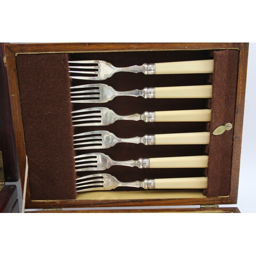 355 - Vintage Cutlery Sets Elkington Parkin Stainless & Fish Set Wooden Canteen x 2