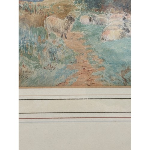 9 - Framed signed original water colour of sheep on the embankment, signed John Williams 1908, frame mea... 