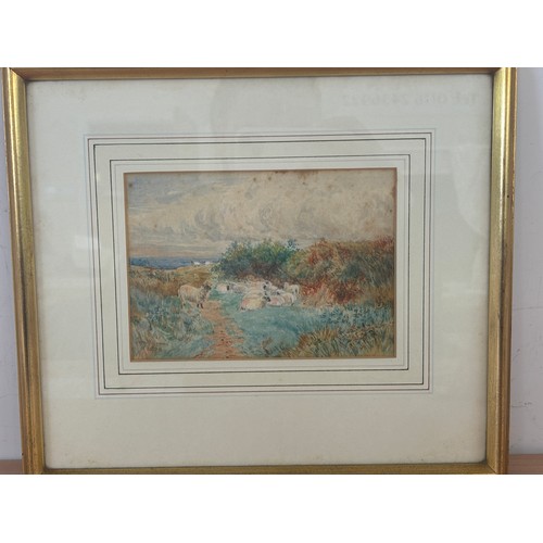 9 - Framed signed original water colour of sheep on the embankment, signed John Williams 1908, frame mea... 