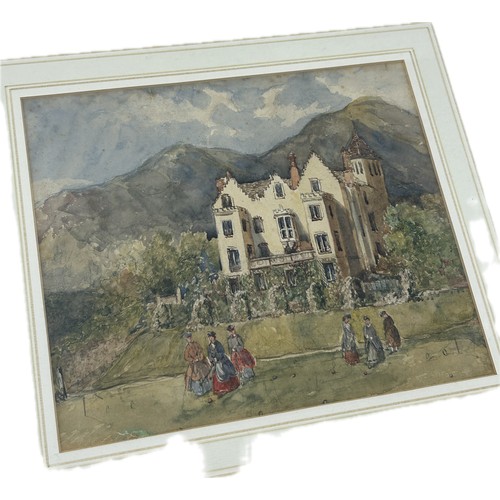 72 - Framed watercolour of Powick Court Girls school by Miss Ellena Warden, approximate frame measurement... 