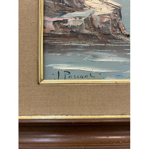 32 - Framed original painting depicting a coastal village signed J.Pascual measures approx 22 inches long... 