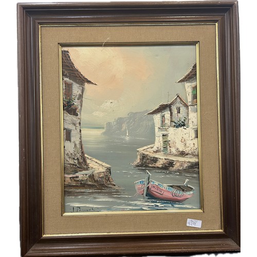 32 - Framed original painting depicting a coastal village signed J.Pascual measures approx 22 inches long... 