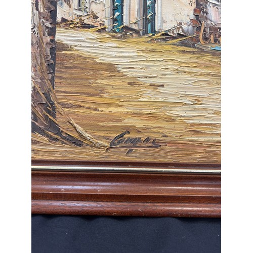 80 - Wooden framed impasto oil painting of village street signed Campas measures approx 18 inches long by... 