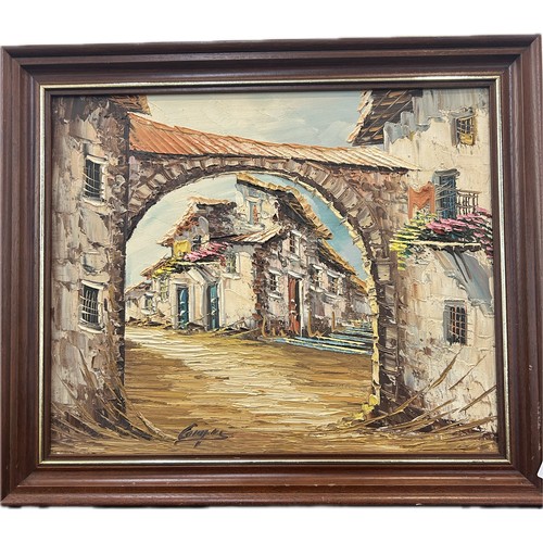 80 - Wooden framed impasto oil painting of village street signed Campas measures approx 18 inches long by... 