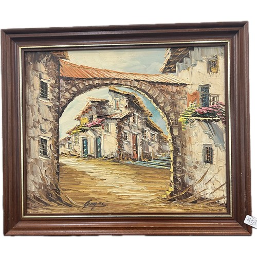 80 - Wooden framed impasto oil painting of village street signed Campas measures approx 18 inches long by... 