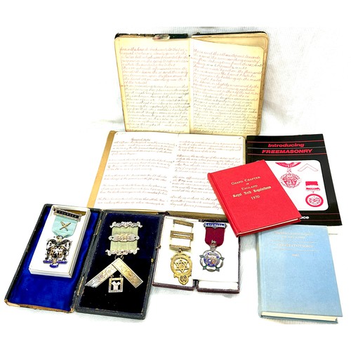 76 - Selection of Masonic silver medallions, lodges to include Severn, Eldon, selection of Masonic books