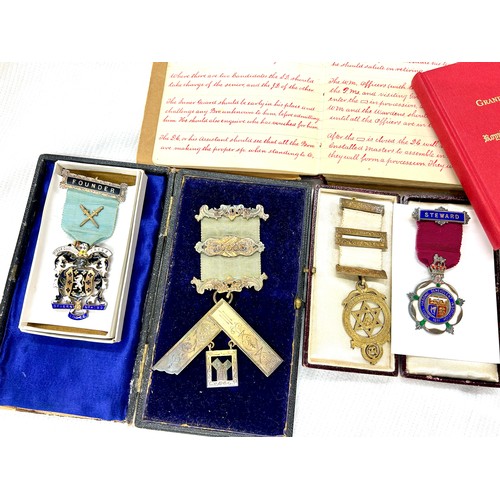 76 - Selection of Masonic silver medallions, lodges to include Severn, Eldon, selection of Masonic books