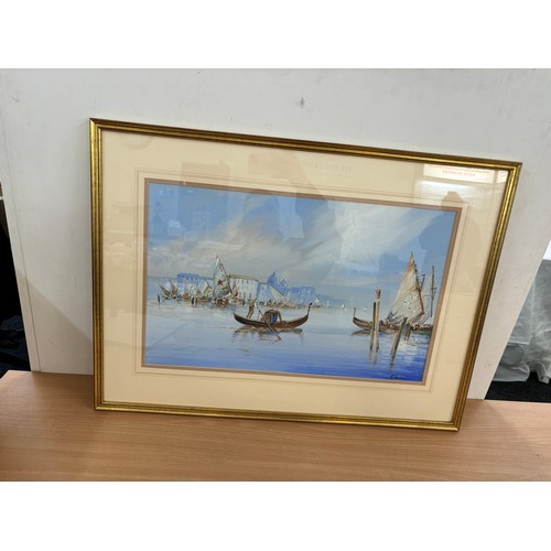 16 - Large framed signed water colour depicting sail boats measures approximately 29 inches by 21 inches