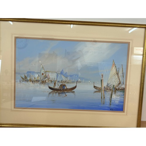 16 - Large framed signed water colour depicting sail boats measures approximately 29 inches by 21 inches